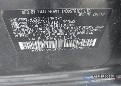 2012 Subaru Impreza 2.0I Limited z USA, uszkodzony, nr VIN JF1GPAG67CH244301